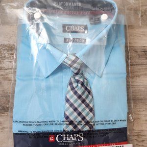 NWT Boys Blue CHAPS long sleeve dress shirt & clip on tie Size 14/16